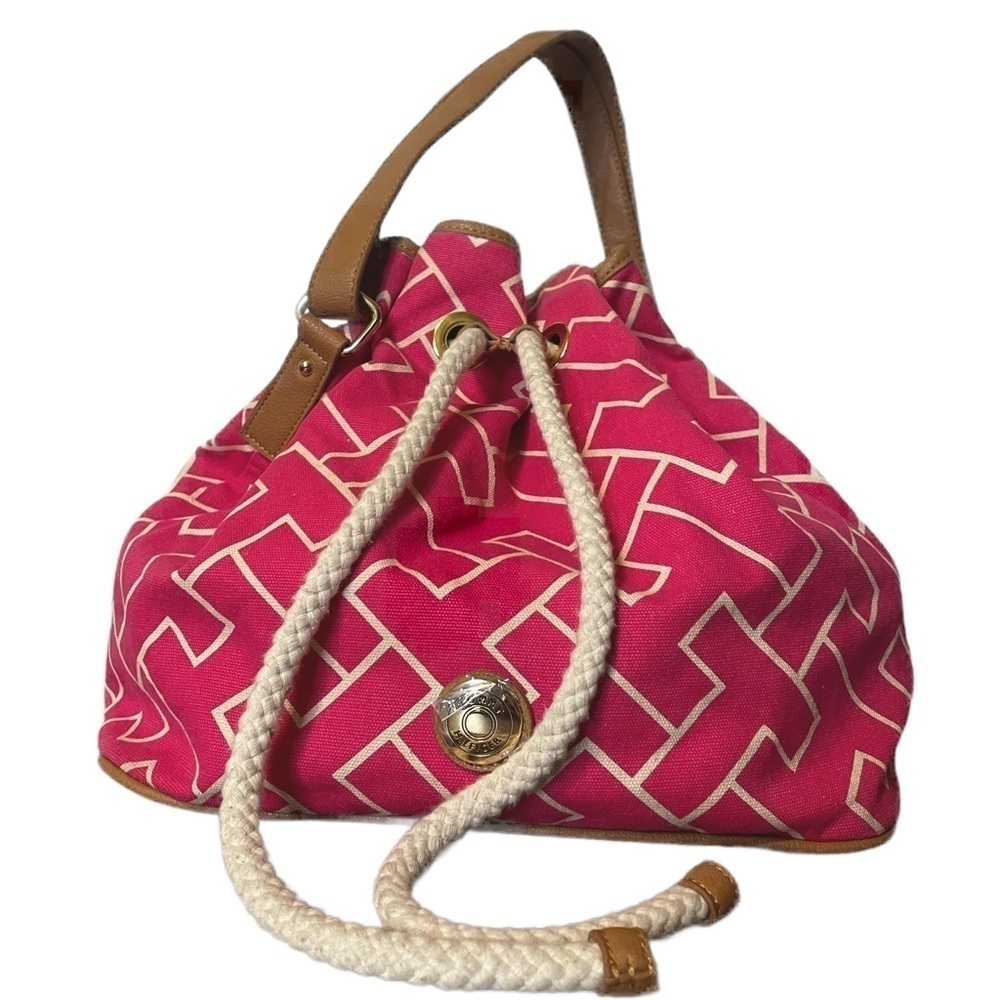 Tommy Hilfiger Women's Monogram Drawstring pink white Crosslace bag purse canvas